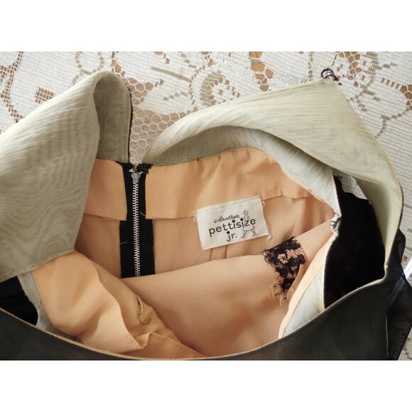 Vtg 60s Another Pettisize Jr Beige Black Lace Black Georgette Overlay Dress XS - Picture 4 of 9